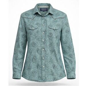 Rough Stock Western Shirt Mens M Turquoise Paisley Snap Front Contrast Stitching